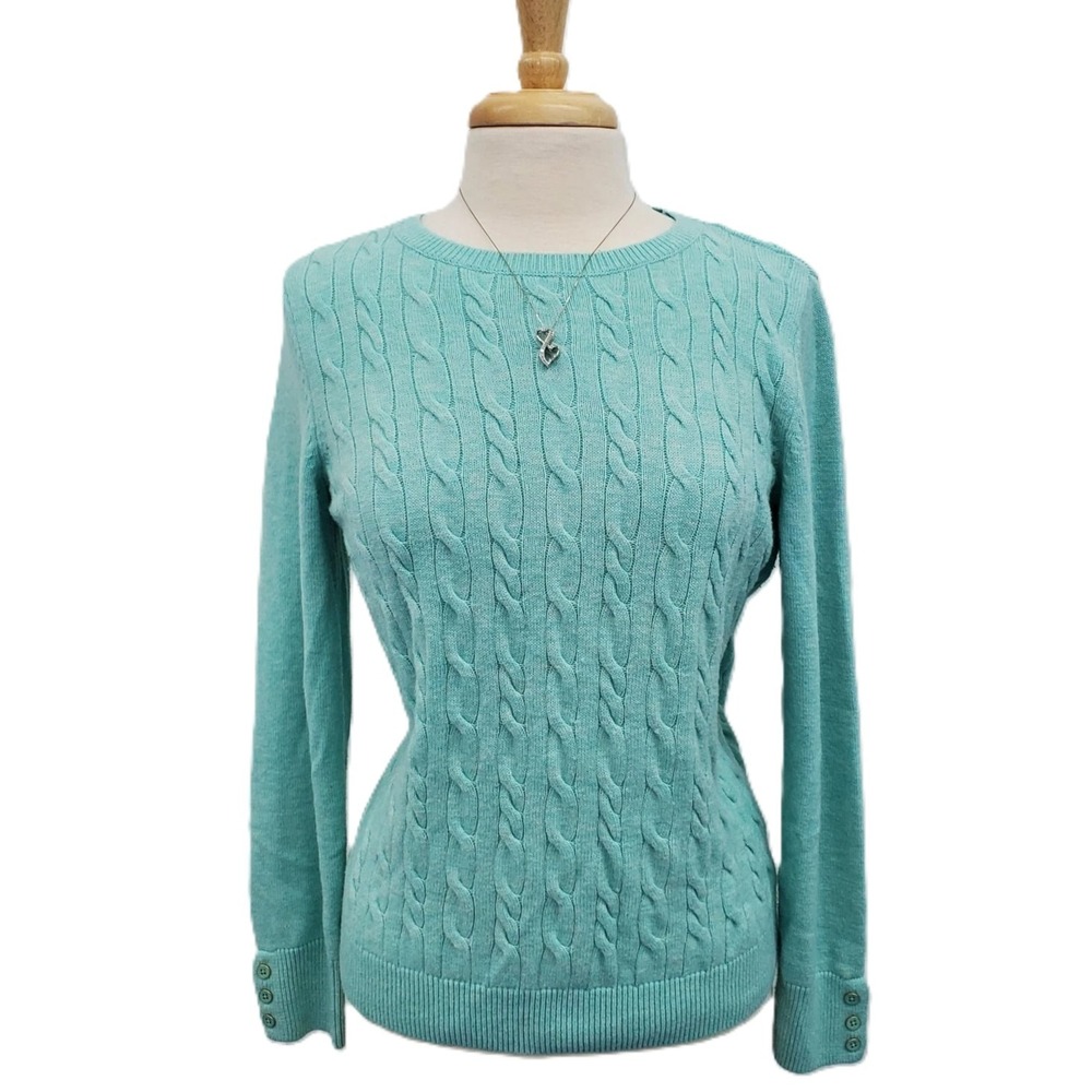 Womens L Talbots Mint Green Cable Knit‎ Sweater Preppy Academia Layering